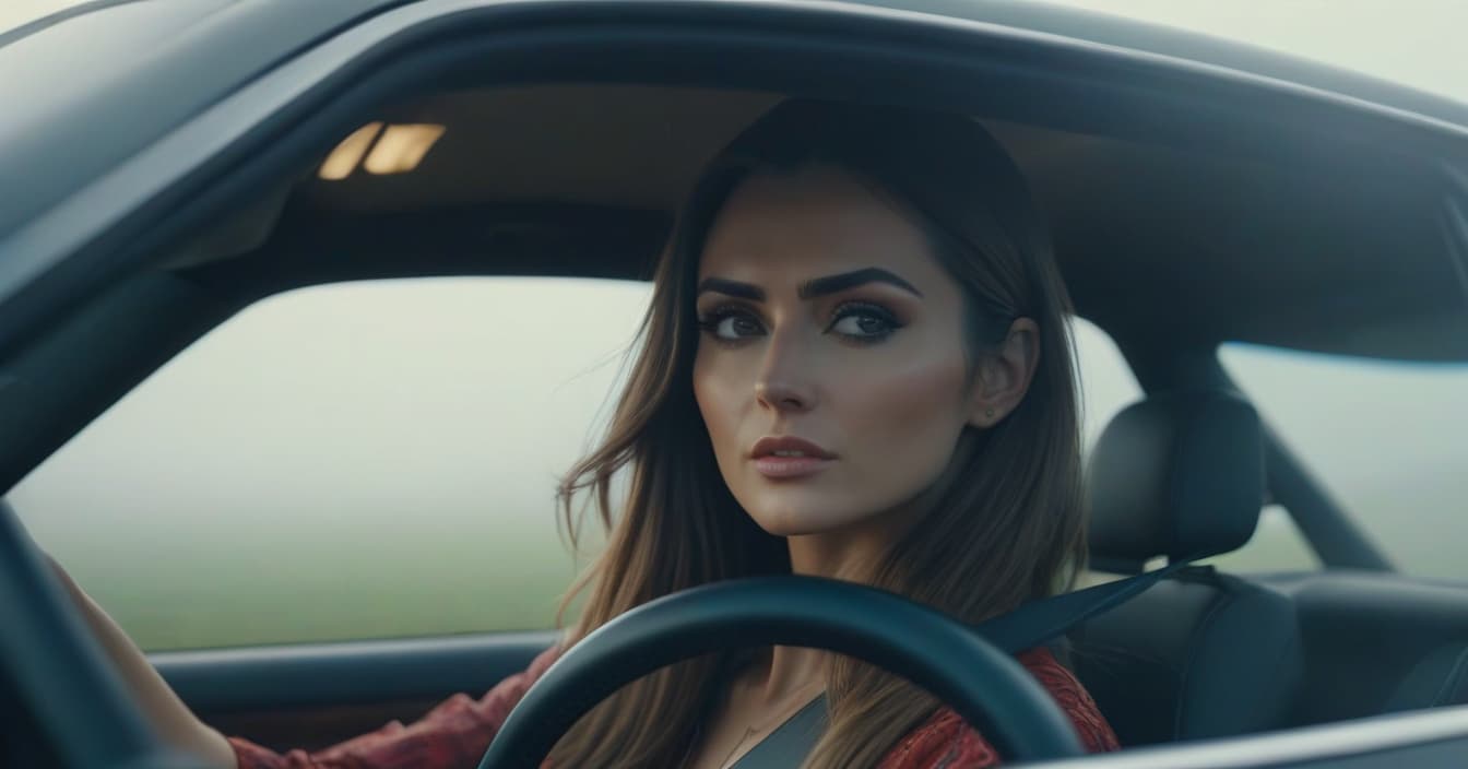  A long haired girl is driving quickly in a car, the speed is visible. hyperrealistic, full body, detailed clothing, highly detailed, cinematic lighting, stunningly beautiful, intricate, sharp focus, f/1. 8, 85mm, (centered image composition), (professionally color graded), ((bright soft diffused light)), volumetric fog, trending on instagram, trending on tumblr, HDR 4K, 8K