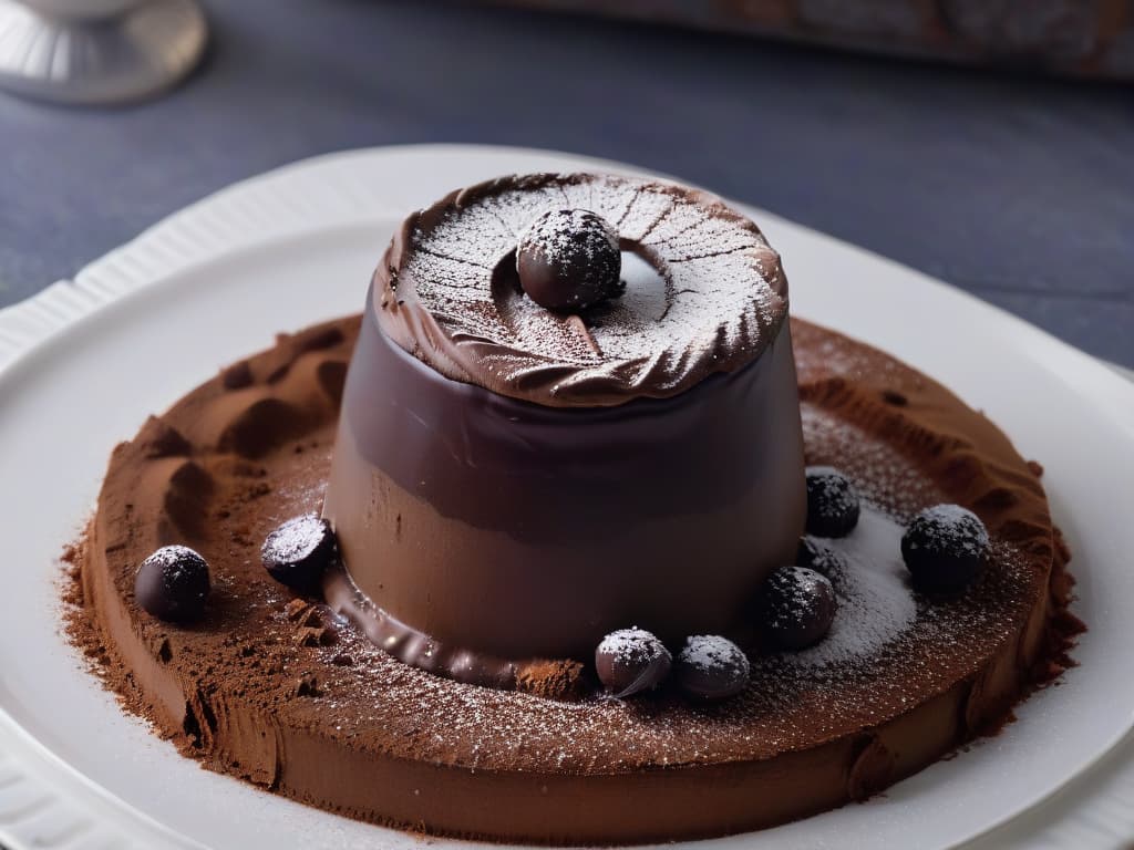  An intricate closeup image of a dark chocolate truffle being delicately dusted with bitter cocoa powder, showcasing the rich texture and intense flavor of the gourmet dessert. hyperrealistic, full body, detailed clothing, highly detailed, cinematic lighting, stunningly beautiful, intricate, sharp focus, f/1. 8, 85mm, (centered image composition), (professionally color graded), ((bright soft diffused light)), volumetric fog, trending on instagram, trending on tumblr, HDR 4K, 8K