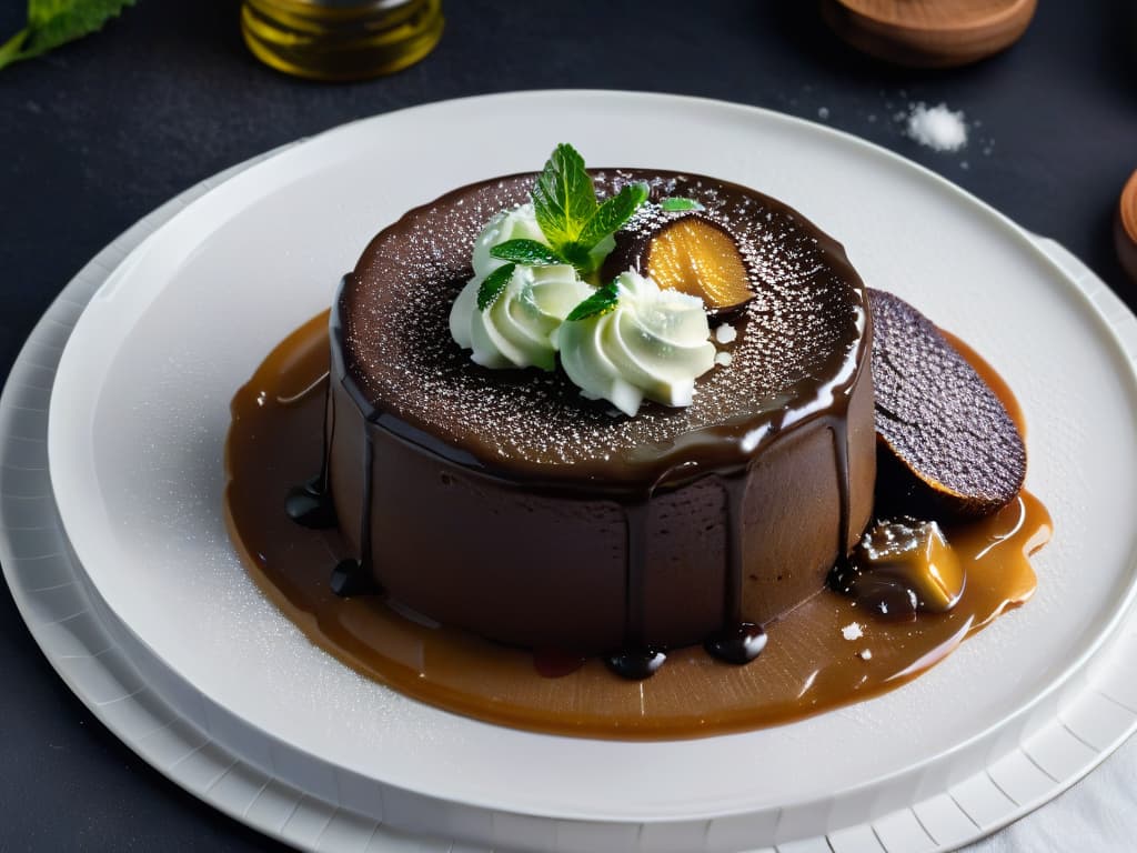  A photorealistic image of a decadent chocolate lava cake oozing with a rich and glossy umamiinfused miso caramel sauce, garnished with delicate flakes of sea salt and a sprig of fresh mint. The cake sits on a sleek white plate, set against a dark background to enhance its glossy appearance and create a visually striking contrast. The focus is on capturing the intricate details of the dessert, highlighting the fusion of sweet and savory flavors that embody the essence of umami in desserts. hyperrealistic, full body, detailed clothing, highly detailed, cinematic lighting, stunningly beautiful, intricate, sharp focus, f/1. 8, 85mm, (centered image composition), (professionally color graded), ((bright soft diffused light)), volumetric fog, trending on instagram, trending on tumblr, HDR 4K, 8K