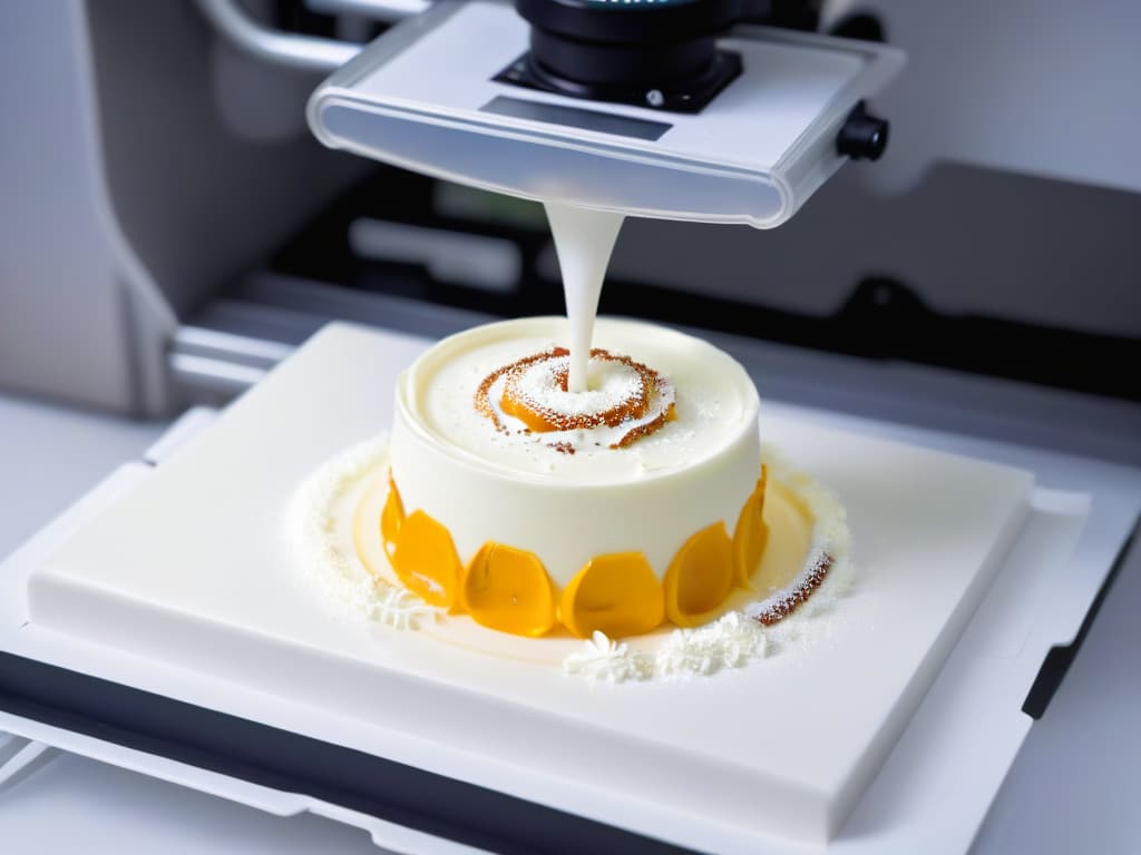  A closeup, ultradetailed image of a sleek, modern 3D printer nozzle meticulously crafting a delicate and intricate dessert design using edible materials, set against a clean, white backdrop to emphasize precision and innovation in 3D printed food technology. hyperrealistic, full body, detailed clothing, highly detailed, cinematic lighting, stunningly beautiful, intricate, sharp focus, f/1. 8, 85mm, (centered image composition), (professionally color graded), ((bright soft diffused light)), volumetric fog, trending on instagram, trending on tumblr, HDR 4K, 8K