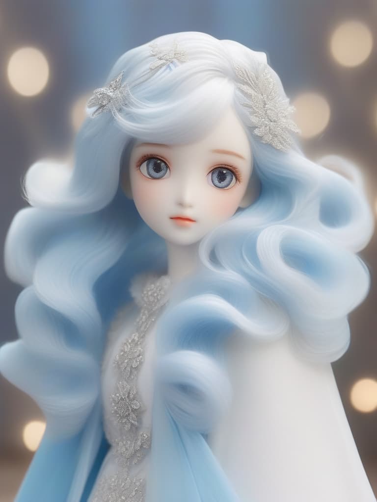  Glittering, fluffy white to beautiful light blue gradation hair, large round eyes, beautiful clothes with shoulders, masterpiece, best quality,8k,ultra detailed,high resolution,an extremely delicate and beautiful,hyper detail