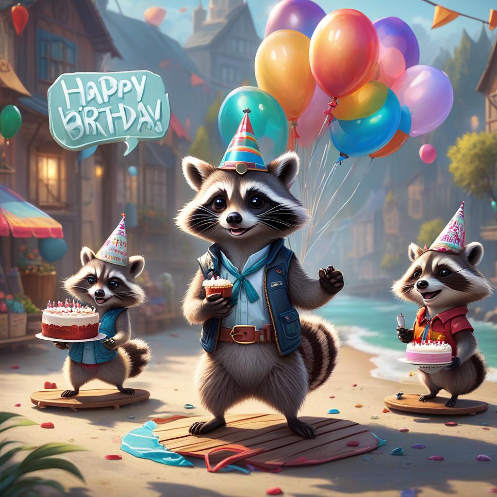  concept art A raccoon in a festive hat "Happy Birthday", a raccoon holds a birthday cake on one front paw, a raccoon has a spare part from a car in the second paw. The raccoon stands on the wakeboard with its hind legs, cutting through the waves, festive balloons are attached to the belt, a raccoon in a festive costume, a sign with the inscription "KUZOVIK" on the background . digital artwork, illustrative, painterly, matte painting, highly detailed hyperrealistic, full body, detailed clothing, highly detailed, cinematic lighting, stunningly beautiful, intricate, sharp focus, f/1. 8, 85mm, (centered image composition), (professionally color graded), ((bright soft diffused light)), volumetric fog, trending on instagram, trending on tumblr, HDR 4K, 8K