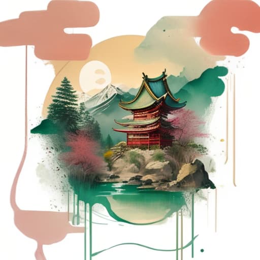  Chinese style landscape painting, mountains, rivers, clouds