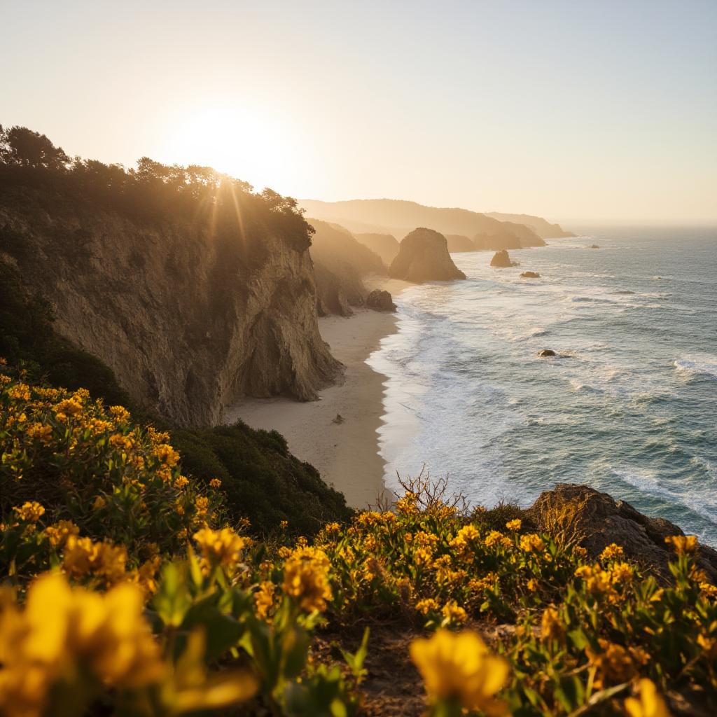  good quality, high quality, point dume cliffs, yellow flowers, malibu beach sunset