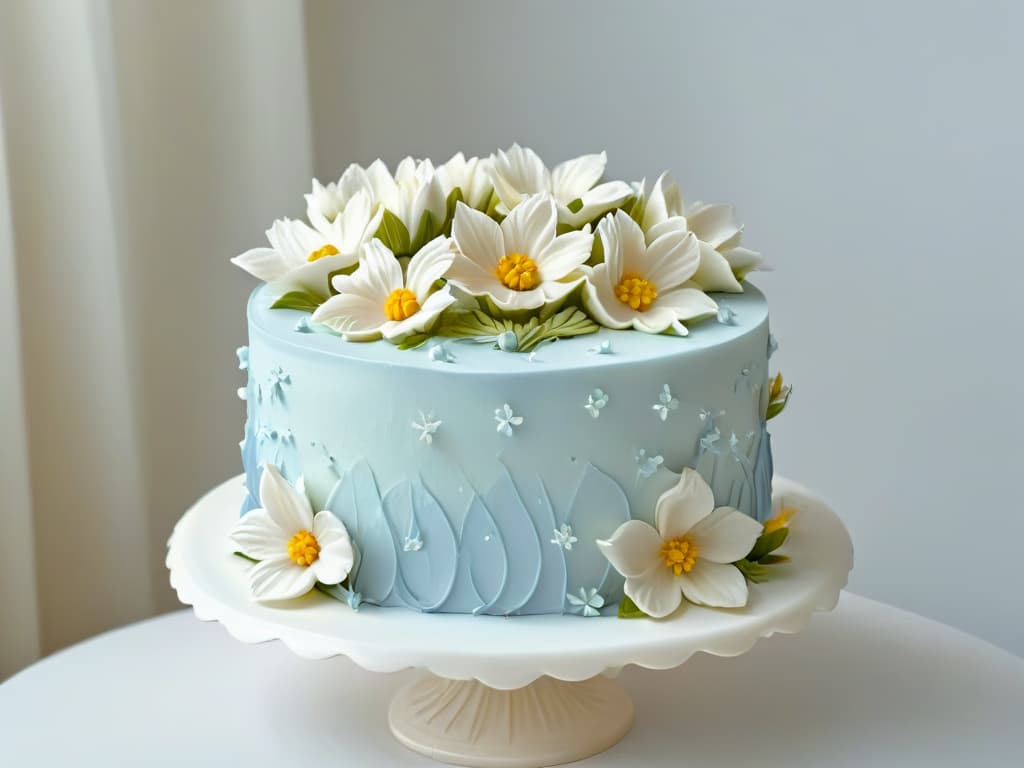  An intricate, closeup shot of a perfectly frosted and meticulously decorated threetiered cake, featuring delicate piped flowers, intricate designs, and shimmering edible gold accents. The cake is displayed on a sleek, minimalistic white cake stand against a soft, blurred background, emphasizing the exquisite details and craftsmanship of the confection. hyperrealistic, full body, detailed clothing, highly detailed, cinematic lighting, stunningly beautiful, intricate, sharp focus, f/1. 8, 85mm, (centered image composition), (professionally color graded), ((bright soft diffused light)), volumetric fog, trending on instagram, trending on tumblr, HDR 4K, 8K