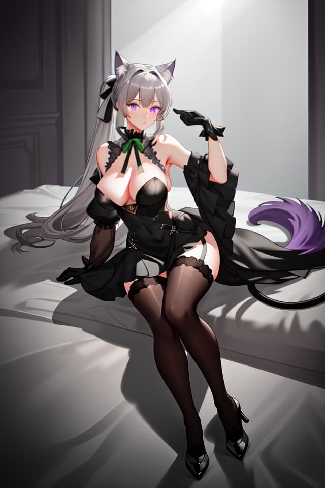  Beautiful girl, beautiful gray hair, (low ponytail in a low position), (large green ribbon on hair), cat ears, purple eyes, black knee length dress, black tights. hyperrealistic, full body, detailed clothing, highly detailed, cinematic lighting, stunningly beautiful, intricate, sharp focus, f/1. 8, 85mm, (centered image composition), (professionally color graded), ((bright soft diffused light)), volumetric fog, trending on instagram, trending on tumblr, HDR 4K, 8K