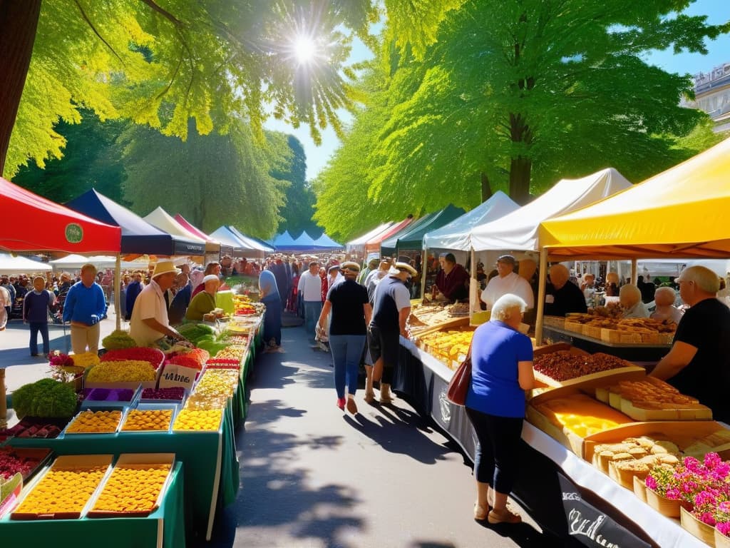  An ultradetailed image of a bustling farmers' market filled with colorful stalls selling organic fruits, locally sourced honey, and freshly baked pastries. The scene captures a diverse group of people happily shopping, with a focus on a sustainable bakery stand displaying beautifully crafted pastries made with unique ingredients like heirloom grains and edible flowers. The sunlight filters through the canopy of trees overhead, creating a warm and inviting atmosphere that highlights the connection between sustainable baking practices and biodiversity preservation. hyperrealistic, full body, detailed clothing, highly detailed, cinematic lighting, stunningly beautiful, intricate, sharp focus, f/1. 8, 85mm, (centered image composition), (professionally color graded), ((bright soft diffused light)), volumetric fog, trending on instagram, trending on tumblr, HDR 4K, 8K