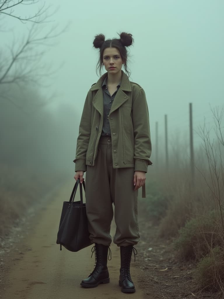  this editorial photography features a non binary senior with brunette hair styled in double buns. they are dressed in a bohemian outfit, complemented by combat boots and a tote bag as an accessory. the photo is captured using a leica sl2, known for its premium build and quality output, with a prime 35mm f/1.8 lens. the film used is cinestill 800t to enhance the foggy lighting ambiance, creating an intriguing visual texture.