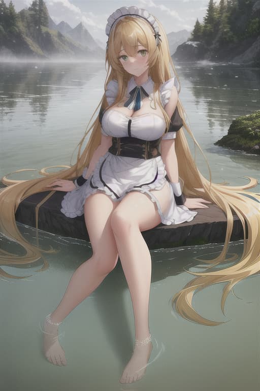  (score 9,score 8 up,score 7 up,),1girl,solo,maid,maid headdress,looking at viewer,outdoor,lake,apron,blonde hair,indoors,green eyes,bare foot,two feet in the water hyperrealistic, full body, detailed clothing, highly detailed, cinematic lighting, stunningly beautiful, intricate, sharp focus, f/1. 8, 85mm, (centered image composition), (professionally color graded), ((bright soft diffused light)), volumetric fog, trending on instagram, trending on tumblr, HDR 4K, 8K