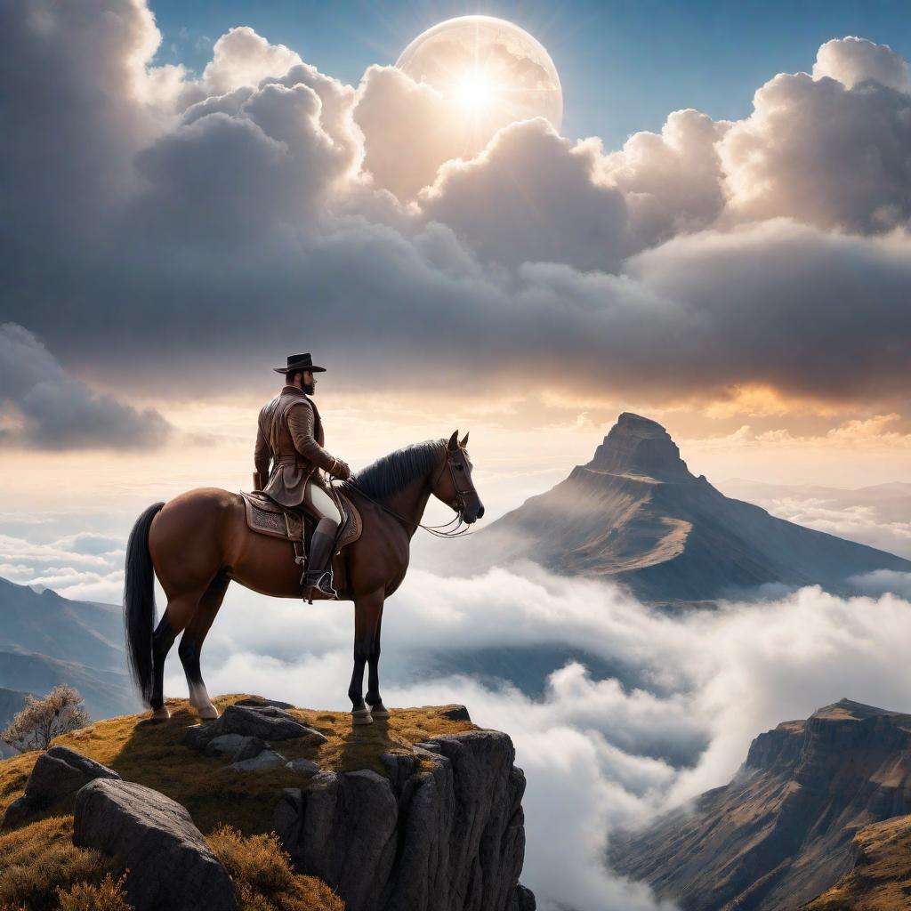  A horse and a dog on top of a mountain with an hourglass floating in the clouds above them. The scene captures a sense of adventure and timeless bond between the animals. The mountain should look challenging yet majestic, with the clouds adding a mystical feel. The hourglass should be highlighted by the sun's rays piercing through the clouds. hyperrealistic, full body, detailed clothing, highly detailed, cinematic lighting, stunningly beautiful, intricate, sharp focus, f/1. 8, 85mm, (centered image composition), (professionally color graded), ((bright soft diffused light)), volumetric fog, trending on instagram, trending on tumblr, HDR 4K, 8K