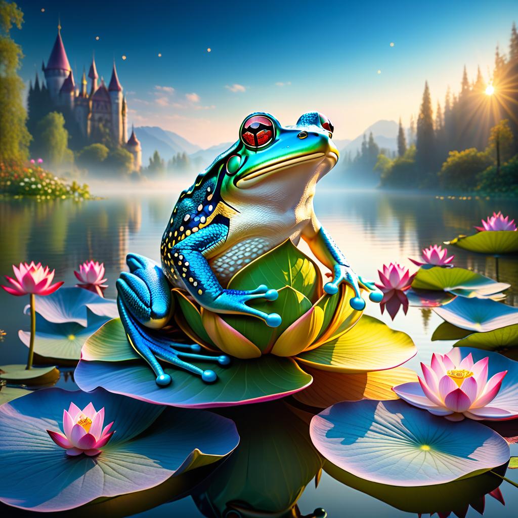  ethereal fantasy concept art of (Background): a lake with blooming lotuses of different shades: from white pink to bright crimson and leaves of tender green colour. The sky above the lake of dark blue colour with golden stars scattered on it. (Fantasy Princess Frog): in the centre of the lake on the biggest lotus flower sits a charming frog in a golden crown decorated with blue and blue precious stones. In his paws he holds a ring decorated with blue stones. Style: fantasy, Russian fairy tales, illustrations. . magnificent, celestial, ethereal, painterly, epic, majestic, magical, fantasy art, cover art, dreamy hyperrealistic, full body, detailed clothing, highly detailed, cinematic lighting, stunningly beautiful, intricate, sharp focus, f/1. 8, 85mm, (centered image composition), (professionally color graded), ((bright soft diffused light)), volumetric fog, trending on instagram, trending on tumblr, HDR 4K, 8K