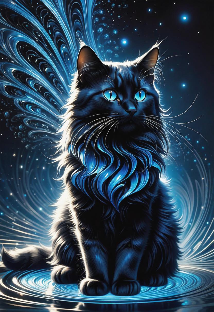 1. A mesmerizing cat with sleek black fur, its body rippling with the hypnotic patterns of ferrofluid, as if it's immersed in liquid metal. The luminous blue glow reflects off its fur, giving it an otherworldly appearance. The cat's eyes, feline and piercing, seem to contain miniature galaxies, swirling with cosmic energy.

2. In a dimly lit room, a cat with an ethereal aura stands tall and regal. Its fur morphs into shimmering strands of ferrofluid, creating a mesmerizing spectacle. The room is filled with an otherworldly radiance as the liquid metal seems to defy gravity, forming intricate patterns that dance in harmony with the cat's graceful movements.

3. Against a backdrop of a starry night sky, a majestic cat with iridescent, oil-lik hyperrealistic, full body, detailed clothing, highly detailed, cinematic lighting, stunningly beautiful, intricate, sharp focus, f/1. 8, 85mm, (centered image composition), (professionally color graded), ((bright soft diffused light)), volumetric fog, trending on instagram, trending on tumblr, HDR 4K, 8K
