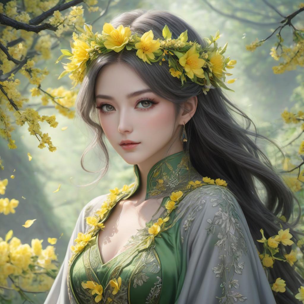  anime artwork Create a charcoal, graphite, chalk and crayon artwork of a young mysterious lady surrounded by tapestry of awakening fresh green and fresh yellow spring branches and leaves and blossoms. Her lovely close up face enigma framed by a floral crown. Petals cling to her gown, whispering secrets of the awakening season. Colors grey and black, green and yellow. . anime style, key visual, vibrant, studio anime, highly detailed hyperrealistic, full body, detailed clothing, highly detailed, cinematic lighting, stunningly beautiful, intricate, sharp focus, f/1. 8, 85mm, (centered image composition), (professionally color graded), ((bright soft diffused light)), volumetric fog, trending on instagram, trending on tumblr, HDR 4K, 8K