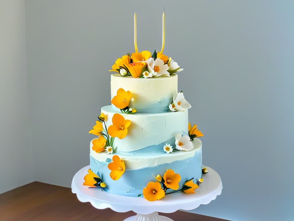  A minimalist, ultradetailed image of a perfectly frosted threetiered cake adorned with delicate edible flowers, sitting on a sleek marble cake stand against a soft, blurred background. The cake is elegantly decorated with intricate piping details and gold leaf accents, showcasing the artistry and craftsmanship of pastry creation. hyperrealistic, full body, detailed clothing, highly detailed, cinematic lighting, stunningly beautiful, intricate, sharp focus, f/1. 8, 85mm, (centered image composition), (professionally color graded), ((bright soft diffused light)), volumetric fog, trending on instagram, trending on tumblr, HDR 4K, 8K