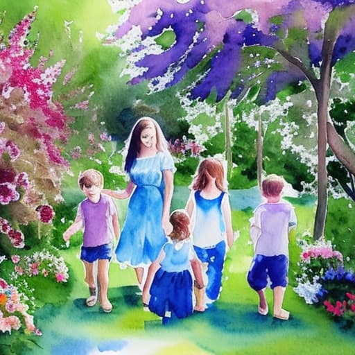  painting water color effect, 5 small kids and 2 parents in a garden full of flowers and trees