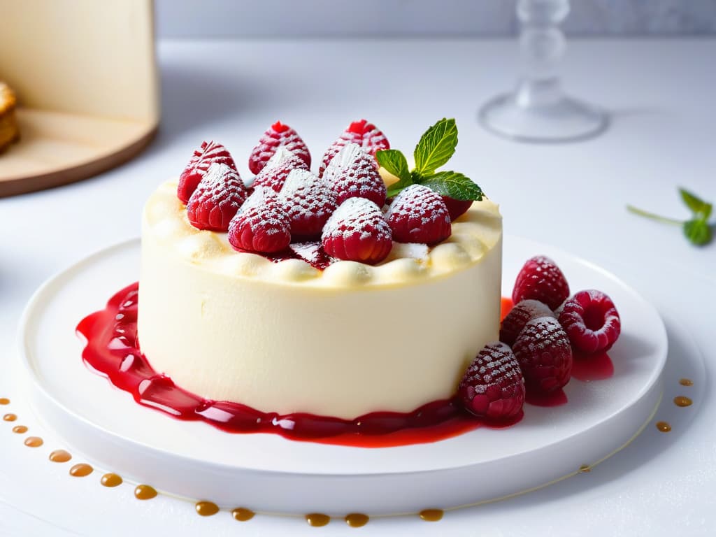  An ultradetailed closeup image of a perfectly baked New Yorkstyle cheesecake with a golden brown top crust, smooth and creamy texture, and a drizzle of raspberry coulis elegantly swirled on the plate next to it. The cheesecake sits on a sleek, white marble surface, with a scattering of fresh raspberries and mint leaves for garnish, exuding a sense of sophistication and culinary perfection. hyperrealistic, full body, detailed clothing, highly detailed, cinematic lighting, stunningly beautiful, intricate, sharp focus, f/1. 8, 85mm, (centered image composition), (professionally color graded), ((bright soft diffused light)), volumetric fog, trending on instagram, trending on tumblr, HDR 4K, 8K