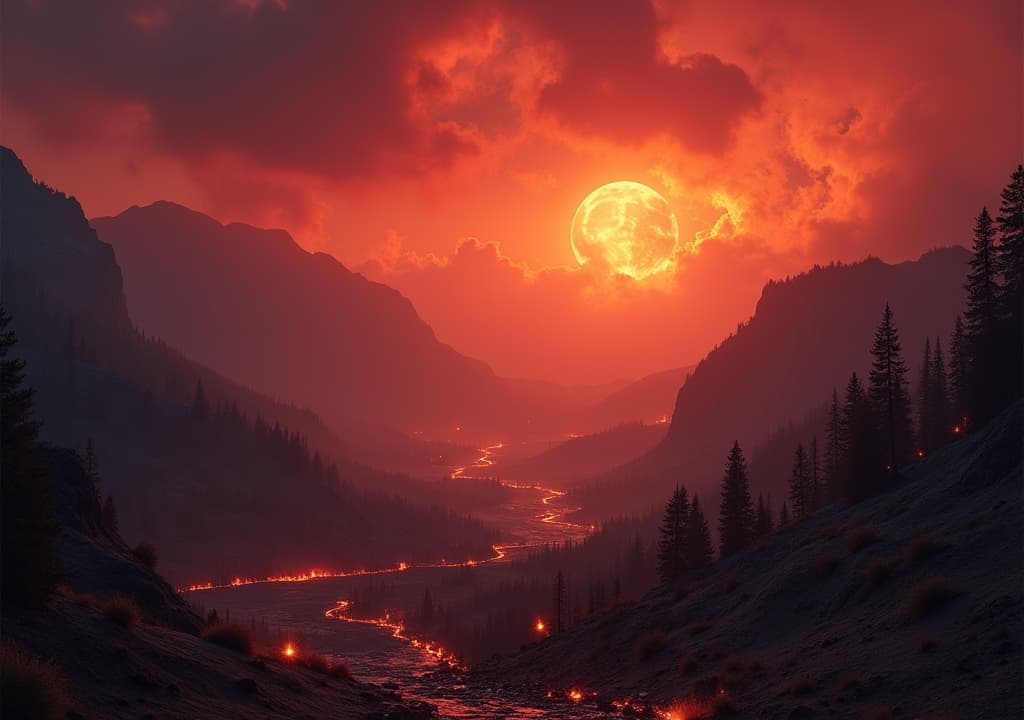  good quality, high quality, a big valley view that has a inferno and hell theme and colors, spooky