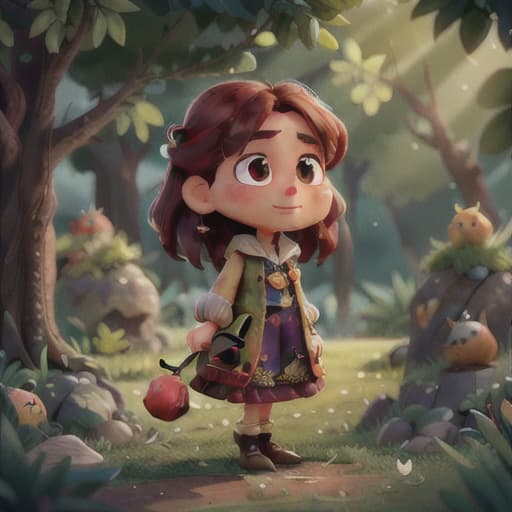  "Using Stable Diffusion, generate an image depicting a scene in a peaceful garden where birds are chirping, a character named 'Lina' with a face full of anticipation and excitement is placing a magical stone on an apple tree.", best quality, very detailed, high resolution, sharp, sharp image, extremely detailed, 4k, 8k hyperrealistic, full body, detailed clothing, highly detailed, cinematic lighting, stunningly beautiful, intricate, sharp focus, f/1. 8, 85mm, (centered image composition), (professionally color graded), ((bright soft diffused light)), volumetric fog, trending on instagram, trending on tumblr, HDR 4K, 8K