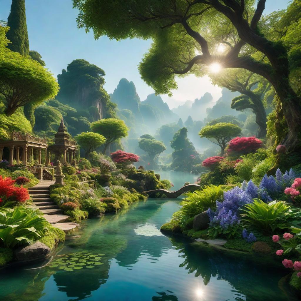  a heavenly place with beautiful landscapes, serene ambiance, and otherworldly beauty. The scene includes lush gardens, celestial light, tranquil waters, and peaceful creatures all in a surreal, ethereal setting that seems perfect and inspiring. hyperrealistic, full body, detailed clothing, highly detailed, cinematic lighting, stunningly beautiful, intricate, sharp focus, f/1. 8, 85mm, (centered image composition), (professionally color graded), ((bright soft diffused light)), volumetric fog, trending on instagram, trending on tumblr, HDR 4K, 8K