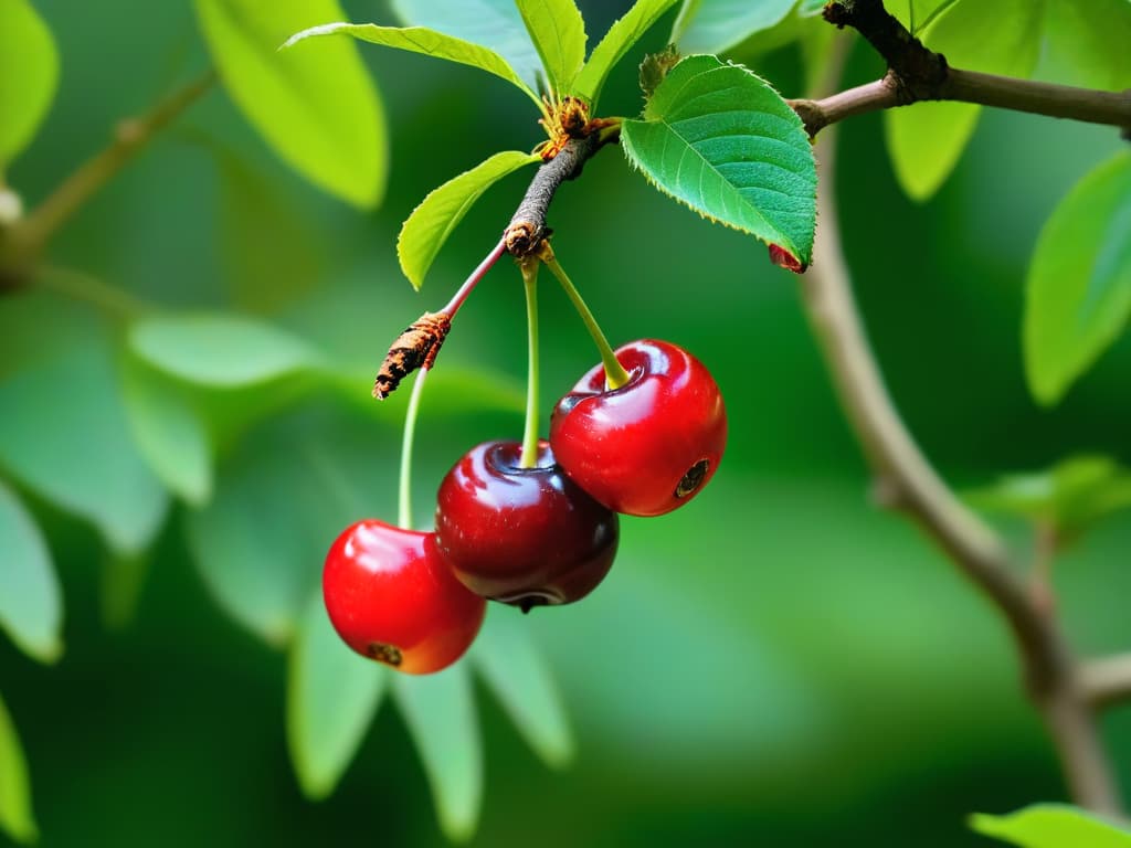  A closeup, ultradetailed image of a single ripe cherry hanging from a cherry tree branch, showcasing its vibrant red color, glossy texture, and delicate stem against a blurred background of lush green leaves and soft sunlight filtering through. hyperrealistic, full body, detailed clothing, highly detailed, cinematic lighting, stunningly beautiful, intricate, sharp focus, f/1. 8, 85mm, (centered image composition), (professionally color graded), ((bright soft diffused light)), volumetric fog, trending on instagram, trending on tumblr, HDR 4K, 8K