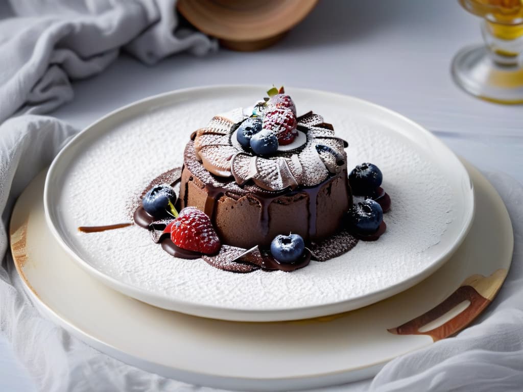  An image of a beautifully plated dairyfree, glutenfree chocolate lava cake topped with fresh berries and a sprinkle of powdered sugar, set on a white porcelain dessert plate, against a soft gray background. The cake is oozing with rich, gooey chocolate in the center, creating an indulgent and tempting sight for anyone with food allergies seeking a safe and delicious dessert option. hyperrealistic, full body, detailed clothing, highly detailed, cinematic lighting, stunningly beautiful, intricate, sharp focus, f/1. 8, 85mm, (centered image composition), (professionally color graded), ((bright soft diffused light)), volumetric fog, trending on instagram, trending on tumblr, HDR 4K, 8K