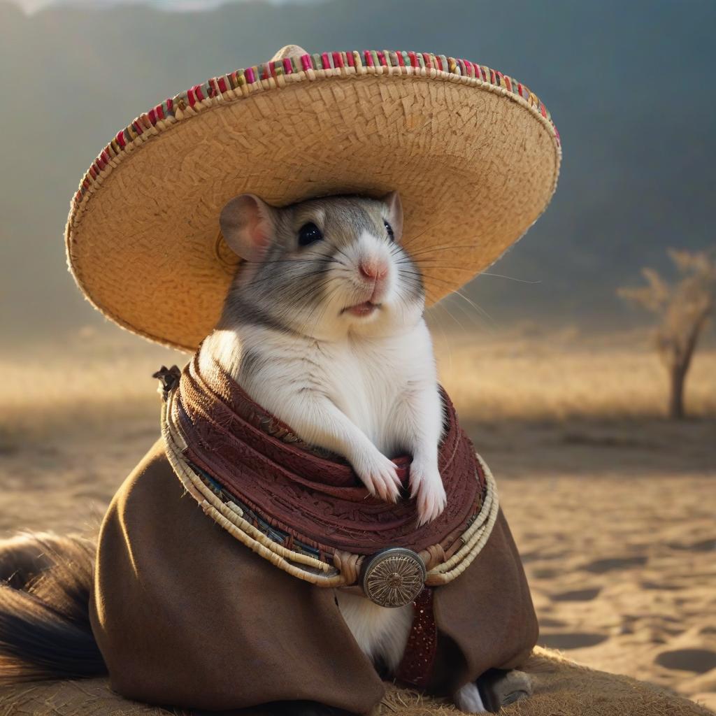  The hamster wears a sombrero and sits on a horse. hyperrealistic, full body, detailed clothing, highly detailed, cinematic lighting, stunningly beautiful, intricate, sharp focus, f/1. 8, 85mm, (centered image composition), (professionally color graded), ((bright soft diffused light)), volumetric fog, trending on instagram, trending on tumblr, HDR 4K, 8K