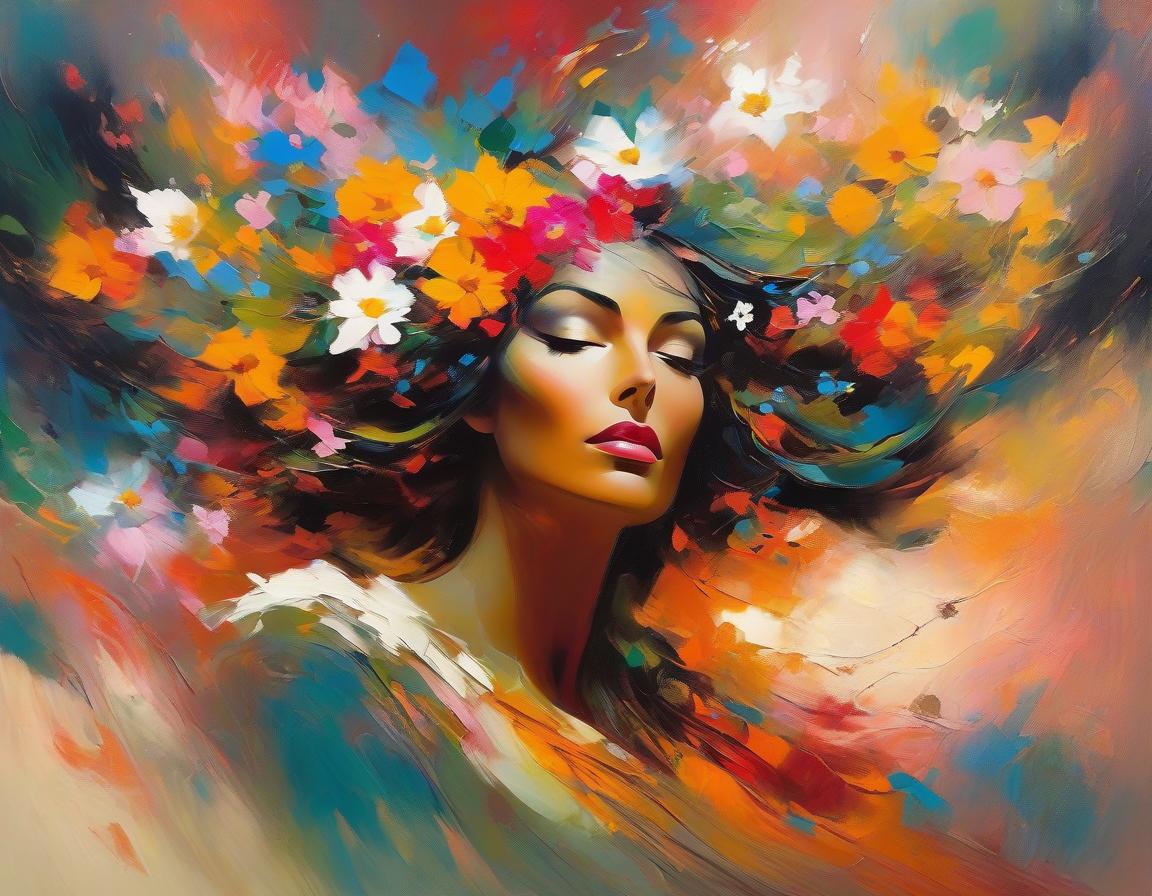  abstract expressionist painting An illustration of a woman with flowers in her hair and as part of her flowing attire, blending nature and beauty in a fantasy style . energetic brushwork, bold colors, abstract forms, expressive, emotional hyperrealistic, full body, detailed clothing, highly detailed, cinematic lighting, stunningly beautiful, intricate, sharp focus, f/1. 8, 85mm, (centered image composition), (professionally color graded), ((bright soft diffused light)), volumetric fog, trending on instagram, trending on tumblr, HDR 4K, 8K