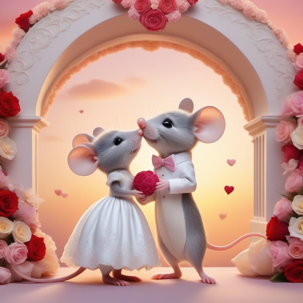  The mouse dressed as the bride kisses with the mouse dressed as a groom, under the arch decorated with flowers, balls and hearts, sunset in the style of Space Art