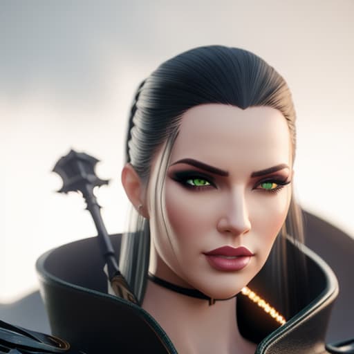  An evil young woman with long black hair and green eyes. She has a weapon hyperrealistic, full body, detailed clothing, highly detailed, cinematic lighting, stunningly beautiful, intricate, sharp focus, f/1. 8, 85mm, (centered image composition), (professionally color graded), ((bright soft diffused light)), volumetric fog, trending on instagram, trending on tumblr, HDR 4K, 8K