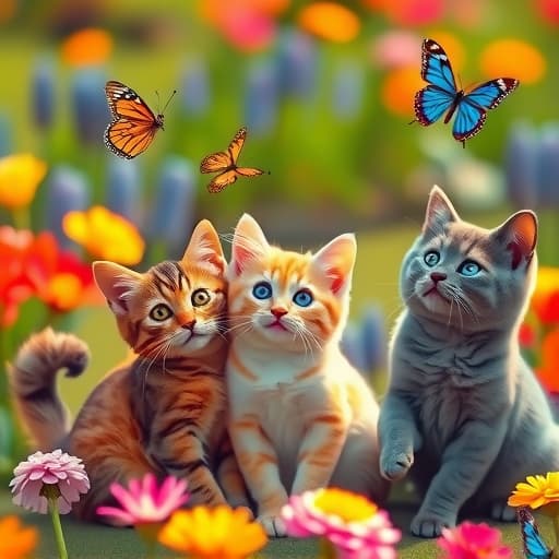  a variety of cute cats playing together in a sunny garden, with colorful flowers and butterflies around them. hyperrealistic, full body, detailed clothing, highly detailed, cinematic lighting, stunningly beautiful, intricate, sharp focus, f/1. 8, 85mm, (centered image composition), (professionally color graded), ((bright soft diffused light)), volumetric fog, trending on instagram, trending on tumblr, HDR 4K, 8K