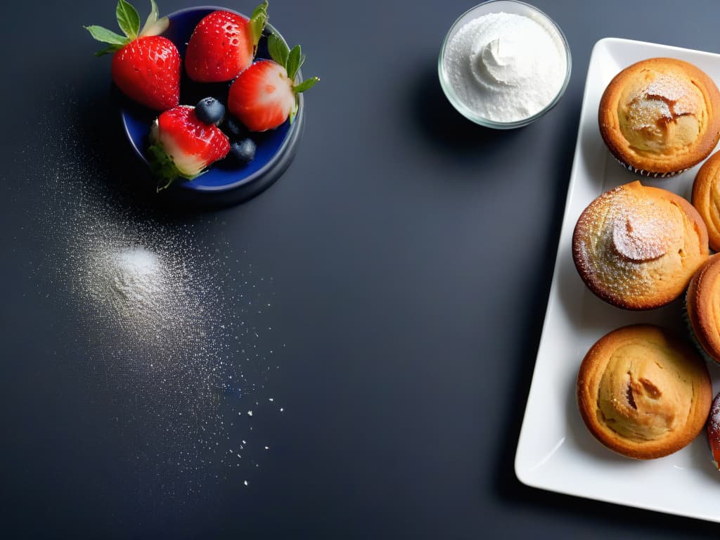  A highresolution image of a beautifully arranged spread of lowcarb baked goods such as muffins, cookies, and cakes, all made with lowcarb flour alternatives like almond flour and coconut flour. The baked goods are artfully presented on a sleek, modern serving platter with a backdrop of soft, natural lighting that highlights their textures and colors. Each item is meticulously garnished with fresh berries and a dusting of powdered sweetener, showcasing the delicious and visually appealing aspect of lowcarb baking for diabetics. hyperrealistic, full body, detailed clothing, highly detailed, cinematic lighting, stunningly beautiful, intricate, sharp focus, f/1. 8, 85mm, (centered image composition), (professionally color graded), ((bright soft diffused light)), volumetric fog, trending on instagram, trending on tumblr, HDR 4K, 8K