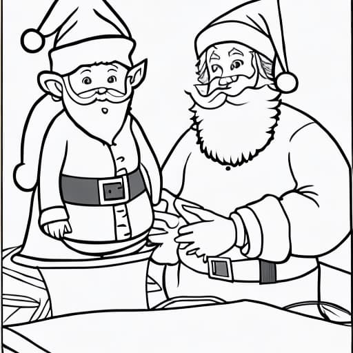  coloring drawing of Santa Claus with a Christmas elf next to him