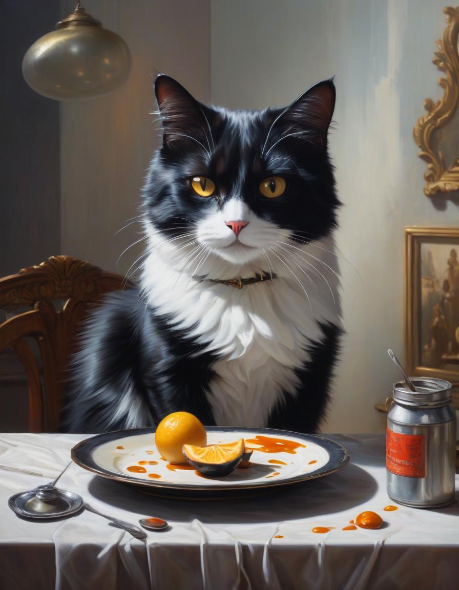  Large brushstrokes, drips of paint, a black and white cat sits at a table like a person with a plate, oil painting, in the style of Pixar. hyperrealistic, full body, detailed clothing, highly detailed, cinematic lighting, stunningly beautiful, intricate, sharp focus, f/1. 8, 85mm, (centered image composition), (professionally color graded), ((bright soft diffused light)), volumetric fog, trending on instagram, trending on tumblr, HDR 4K, 8K