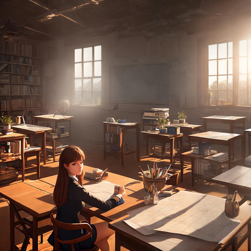  ((masterpiece)),(((best quality))), 8k, high detailed, ultra-detailed. A girl sitting in a classroom. A girl, (teacher at the front of the class), (students raising their hands), (maps and globes displayed), (art supplies on shelves). hyperrealistic, full body, detailed clothing, highly detailed, cinematic lighting, stunningly beautiful, intricate, sharp focus, f/1. 8, 85mm, (centered image composition), (professionally color graded), ((bright soft diffused light)), volumetric fog, trending on instagram, trending on tumblr, HDR 4K, 8K