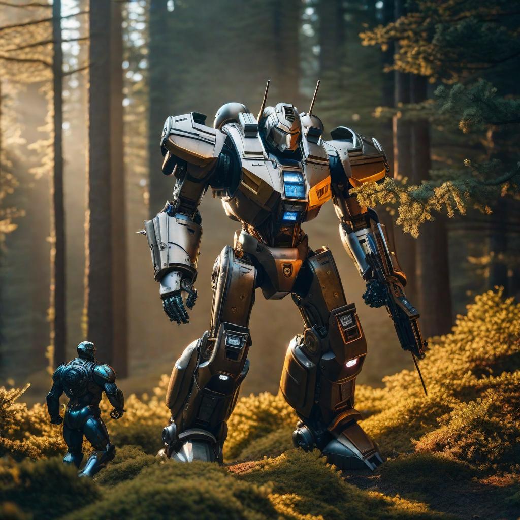  sentinel bot, in a mech of armour shooting a bear hyperrealistic, full body, detailed clothing, highly detailed, cinematic lighting, stunningly beautiful, intricate, sharp focus, f/1. 8, 85mm, (centered image composition), (professionally color graded), ((bright soft diffused light)), volumetric fog, trending on instagram, trending on tumblr, HDR 4K, 8K