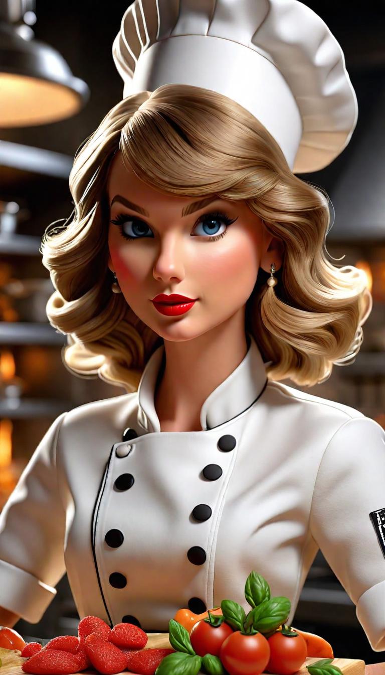  Professional 3D model of Taylor Swift as a chef . Rendered with Octane, the model is highly detailed,dramatic lighting. hyperrealistic, full body, detailed clothing, highly detailed, cinematic lighting, stunningly beautiful, intricate, sharp focus, f/1. 8, 85mm, (centered image composition), (professionally color graded), ((bright soft diffused light)), volumetric fog, trending on instagram, trending on tumblr, HDR 4K, 8K