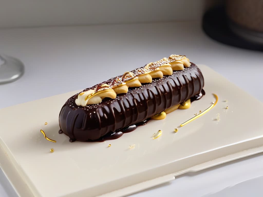  A closeup, ultradetailed image of a perfectly piped éclair with a glossy chocolate glaze, delicate vanilla cream peeking out, and a sprinkle of gold flakes on top. The éclair is placed on a sleek, modern white plate against a softfocus background of a French patisserie kitchen, where a shadowy silhouette of a chef in a traditional toque blanche is visible, adding a touch of mystery and elegance to the scene. hyperrealistic, full body, detailed clothing, highly detailed, cinematic lighting, stunningly beautiful, intricate, sharp focus, f/1. 8, 85mm, (centered image composition), (professionally color graded), ((bright soft diffused light)), volumetric fog, trending on instagram, trending on tumblr, HDR 4K, 8K