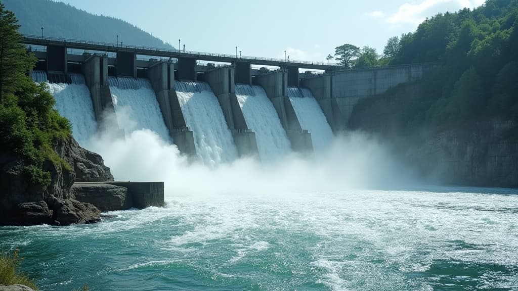  good quality, high quality, hydroelectric dam with rushing water and electric turbines turning with the force of the flowing river water , generating clean energy for ecology and zero carbon targets