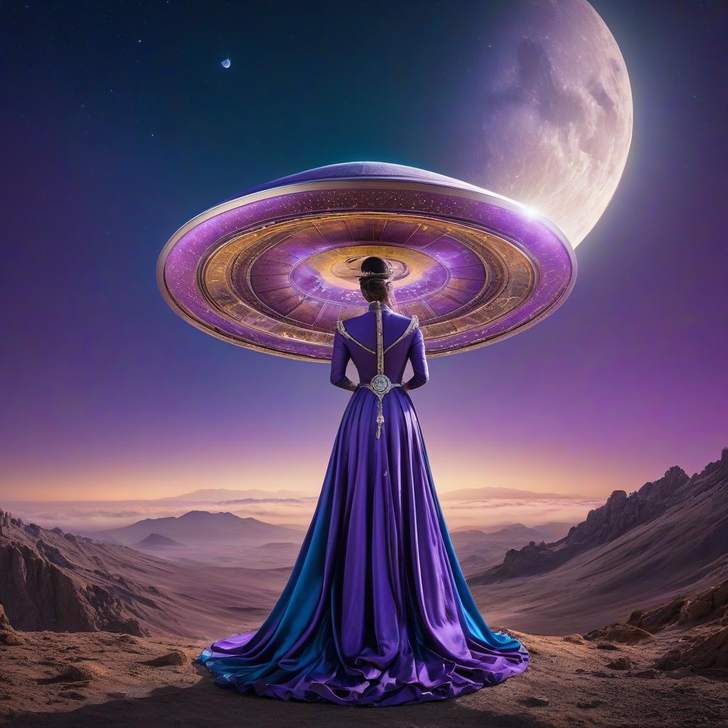  Flying saucer. Space, fantasy. Purple, blue, silver colors. Moon. Purple silk linen. Topaz, diamonds, quartzite, amber, topaz, emerald. The meeting of the sun and the moon. hyperrealistic, full body, detailed clothing, highly detailed, cinematic lighting, stunningly beautiful, intricate, sharp focus, f/1. 8, 85mm, (centered image composition), (professionally color graded), ((bright soft diffused light)), volumetric fog, trending on instagram, trending on tumblr, HDR 4K, 8K