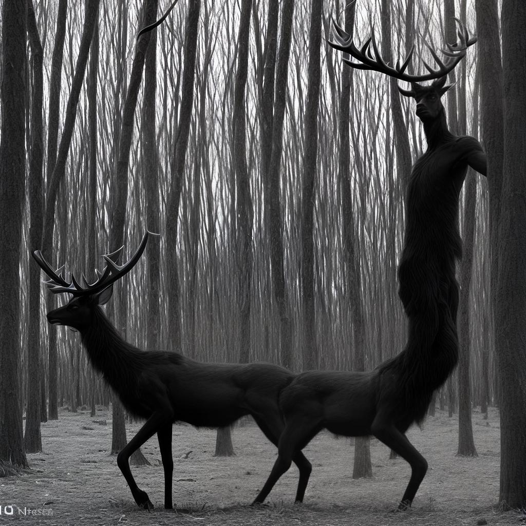  a tall dark creature with long claws and antlers. it's walking through a well lit forest during the daytime.