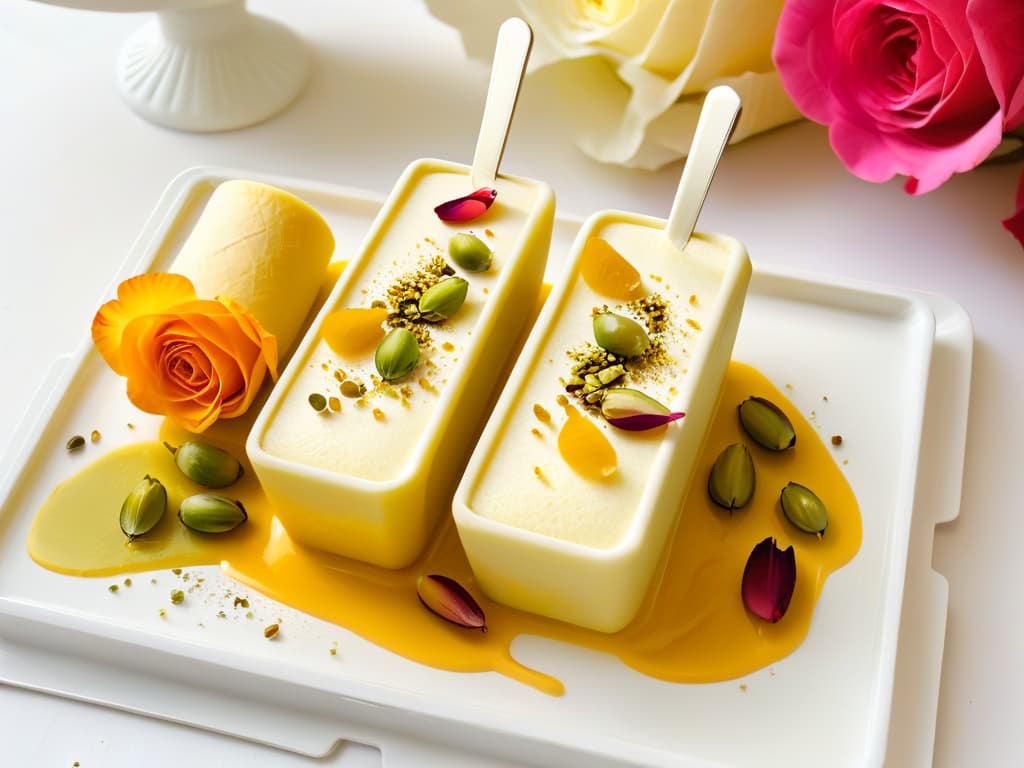  An intricately designed silver tray filled with perfectly sculpted kulfi popsicles, garnished with saffron threads, crushed pistachios, and rose petals, set against a pristine white background. The kulfi popsicles are delicately melting, showcasing a creamy texture, while the vibrant colors of the toppings contrast beautifully with the muted tones of the tray, creating a visually striking and appetizing composition. hyperrealistic, full body, detailed clothing, highly detailed, cinematic lighting, stunningly beautiful, intricate, sharp focus, f/1. 8, 85mm, (centered image composition), (professionally color graded), ((bright soft diffused light)), volumetric fog, trending on instagram, trending on tumblr, HDR 4K, 8K