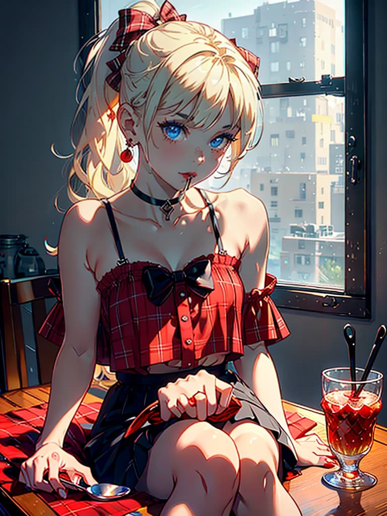  1girl, solo, cherry, food, bow, hair ornament, fruit, hair bow, choker, ponytail, looking at viewer, jewelry, earrings, strawberry, blue eyes, frills, hairclip, blonde hair, bandaid, long hair, ice cream, bangs, upper body, nail polish, x hair ornament, table, red bow, signature, sleeveless, english text, sitting, red nails, mouth hold, spoon, blurry, plaid, heart hyperrealistic, full body, detailed clothing, highly detailed, cinematic lighting, stunningly beautiful, intricate, sharp focus, f/1. 8, 85mm, (centered image composition), (professionally color graded), ((bright soft diffused light)), volumetric fog, trending on instagram, trending on tumblr, HDR 4K, 8K