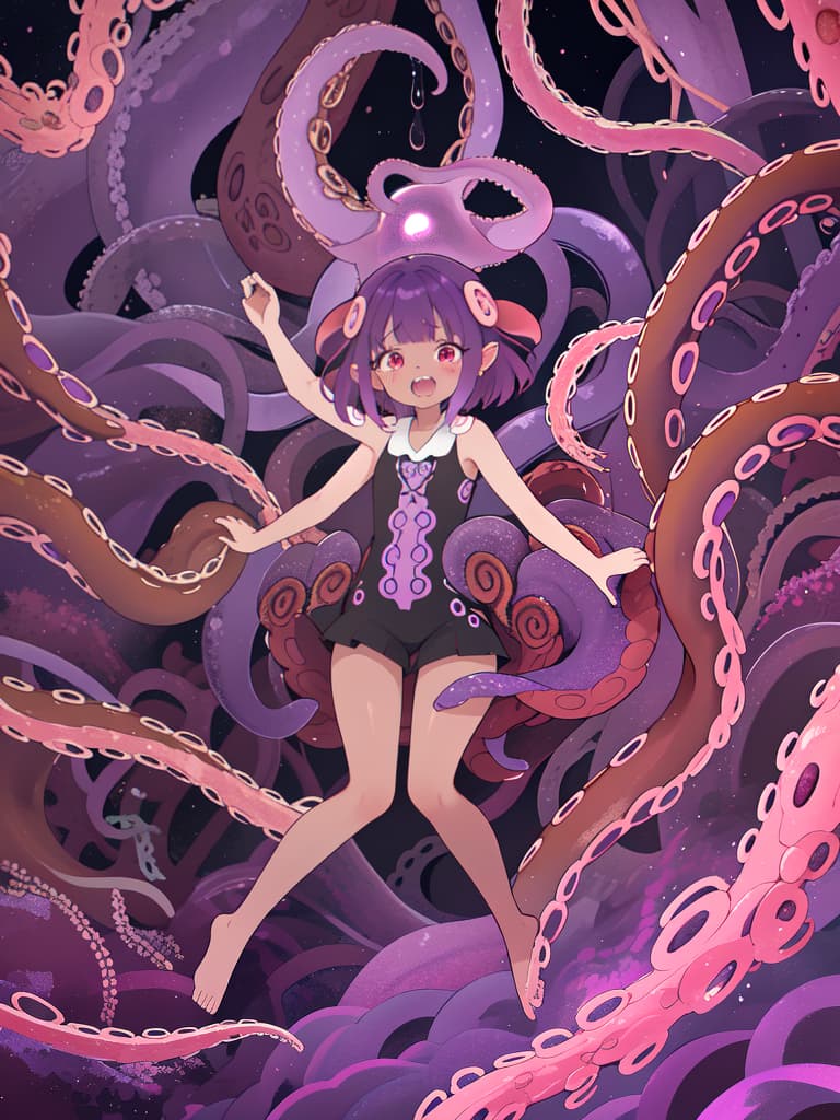  Tentacles, brown skin, short hair, crying face, purple hair, tentacle winding, open mouth, red eye, whole body, full body, masterpiece, best quality,8k,ultra detailed,high resolution,an extremely delicate and beautiful,hyper detail