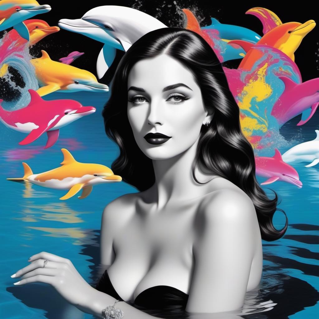  Create a beautiful white lady a in a black that es in a pool with dolphins in the style of pop art