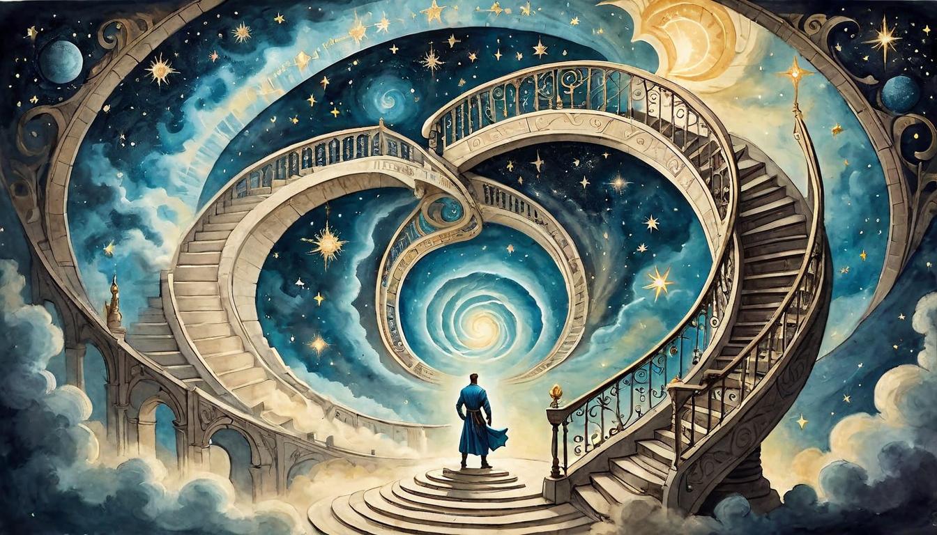  on parchment, surrealism+++, A spiral staircase leading up to a celestial gate, figure ascending with a glowing aura, stars and galaxies swirling around, transformative, uplifting(mysterious, provocative, symbolic,muted color)+++