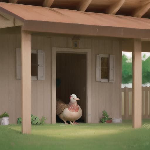  Create a digital art image of a turkey hiding under a porch from the farmer who is trying to find him.