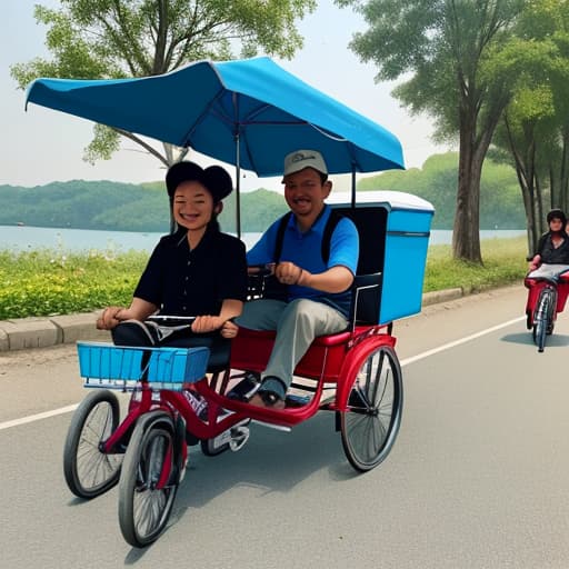  Draw a person riding a tricycle on the road around the lake. Two people sit behind the tricycle. There are barbecue grills and round stoves on the tricycle. The two people behind are roasting meat and drinking tea.