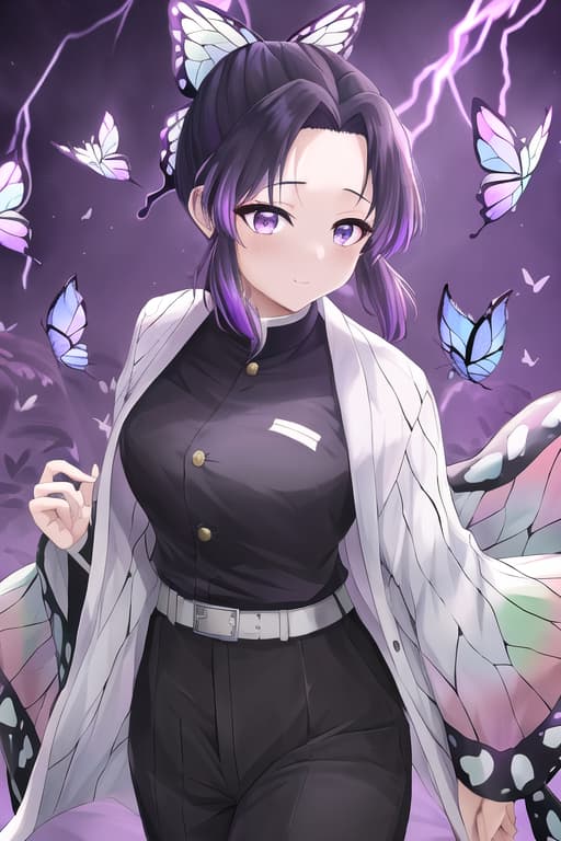  masterpiece, best quality, kochou shinobu, multicolored hair, no bangs, hair intakes, purple eyes, forehead, black shirt, black pants, haori, butterfly, buttons, belt,Stylish women, hot, cinematic lightning, medium shot, masterpiece, best quality, high quality, solo