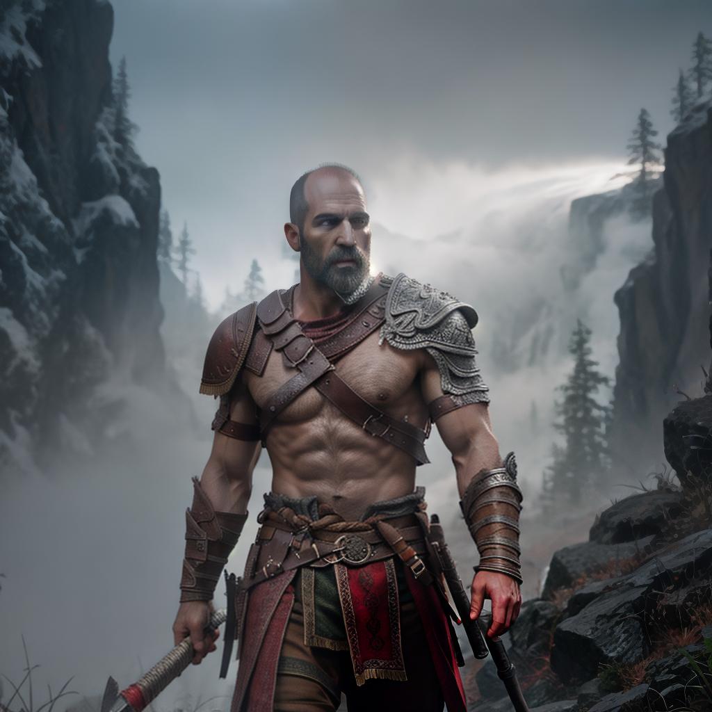  God of war hyperrealistic, full body, detailed clothing, highly detailed, cinematic lighting, stunningly beautiful, intricate, sharp focus, f/1. 8, 85mm, (centered image composition), (professionally color graded), ((bright soft diffused light)), volumetric fog, trending on instagram, trending on tumblr, HDR 4K, 8K