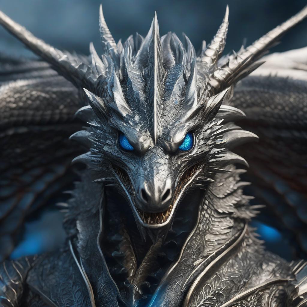  A silver dragon with blue eyes and spikes on its head. hyperrealistic, full body, detailed clothing, highly detailed, cinematic lighting, stunningly beautiful, intricate, sharp focus, f/1. 8, 85mm, (centered image composition), (professionally color graded), ((bright soft diffused light)), volumetric fog, trending on instagram, trending on tumblr, HDR 4K, 8K